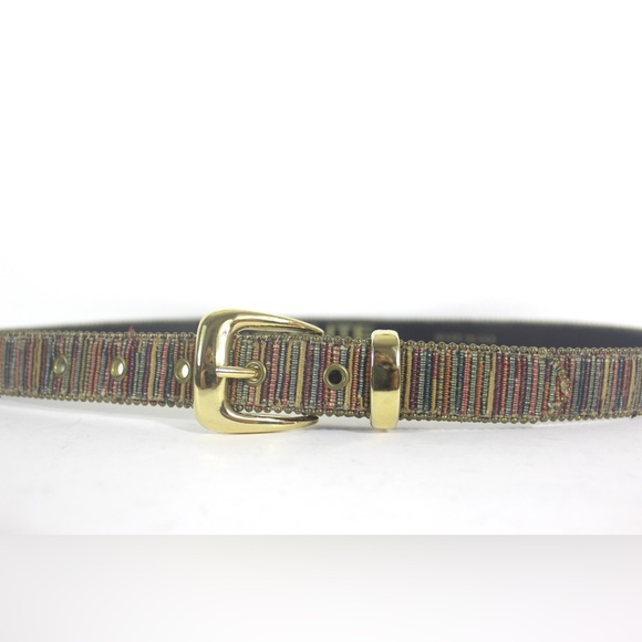 80’s Vintage Fabric Belt with Gold Buckle, Beaded Brass Edge Large L Eighties - Picture 1 of 8